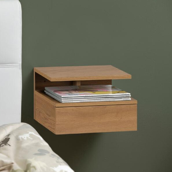 Ashanti Wall Hung Wooden Bedside Cabinet In Matt Oak