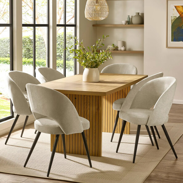 Ashland Light Oak Wooden Dining Table With 6 Erie Beige Chairs