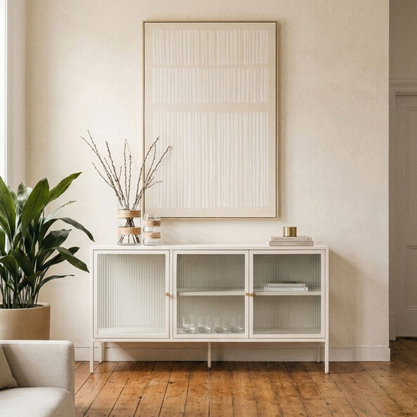 Athero Metal Sideboard with 3 Fluted Glass Doors in White