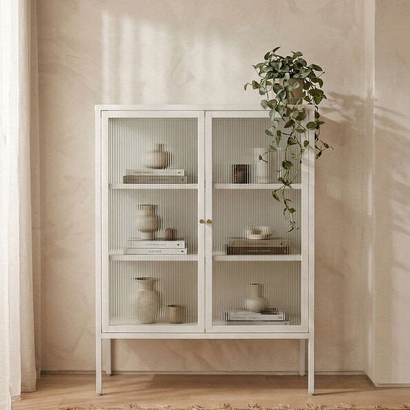 Athero Metal Storage Cabinet with 2 Fluted Glass Doors in White