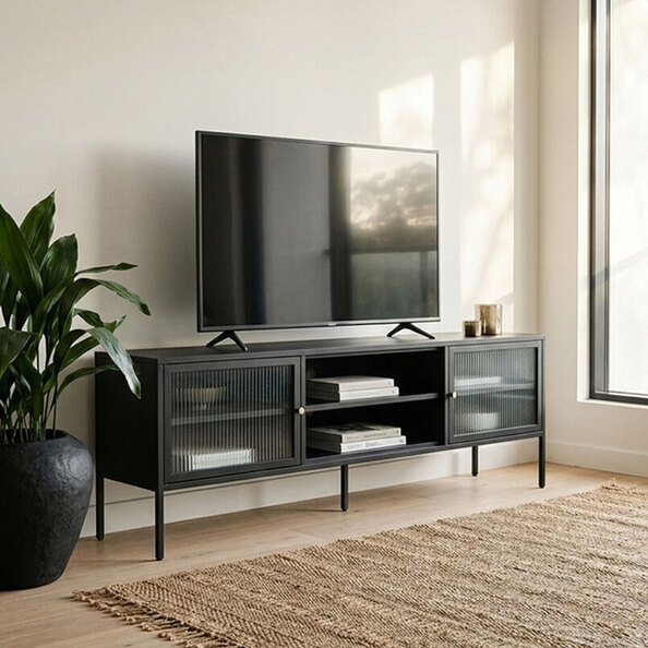 Athero Metal TV Stand with 2 Fluted Glass Doors in Black