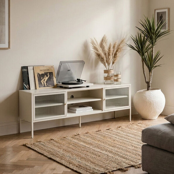 Athero Metal TV Stand with 2 Fluted Glass Doors in White