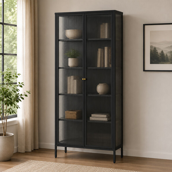 Athero Tall Metal Storage Cabinet with 2 Fluted Glass Doors in Black