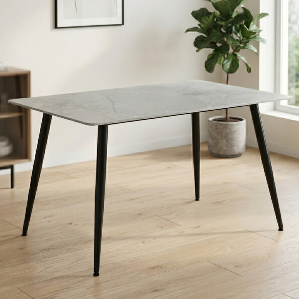 Attica Rectangular Sintered Stone Top Dining Table with Black Metal Legs In Grey