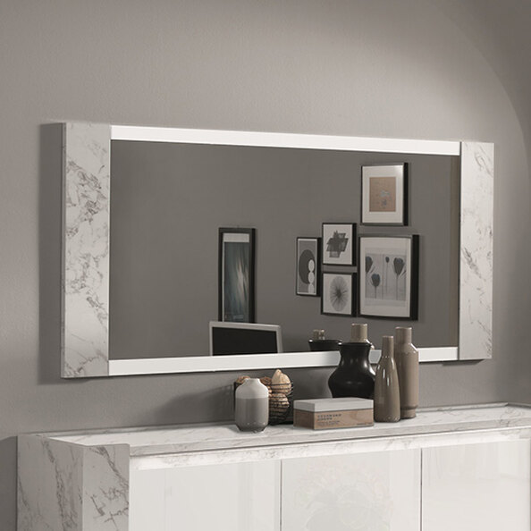 Attoria Bedroom Mirror In White Marble Effect Frame and LED