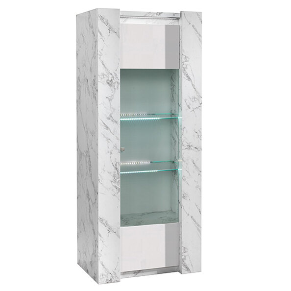 Attoria High Gloss Display Cabinet with 1 Door in White Marble Effect and LED