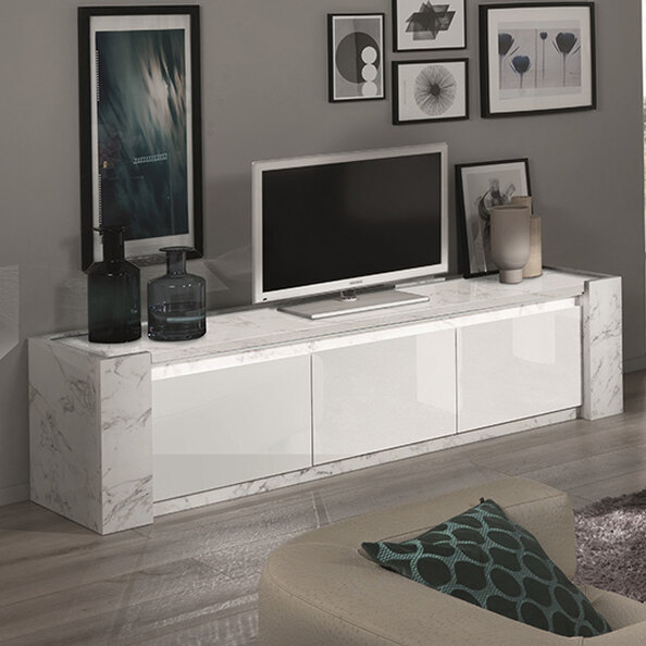 Attoria Large High Gloss TV Stand In White Marble Effect and LED