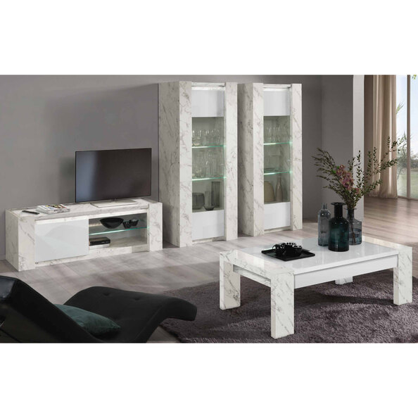 Attoria High Gloss Living Room Set With Coffee Table In White Marble Effect And LED