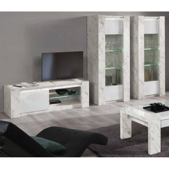 Attoria High Gloss Living Room Set With Display Cabinet In White Marble Effect And LED