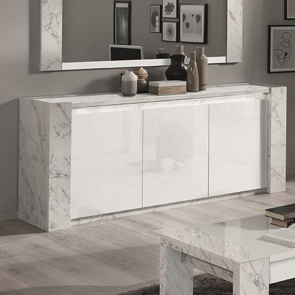 Attoria High Gloss Sideboard in White Marble Effect and LED