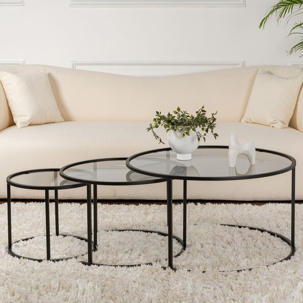 Aureo Grey Tempered Glass Nest Of 3 Coffee Tables with Black Metal Frame