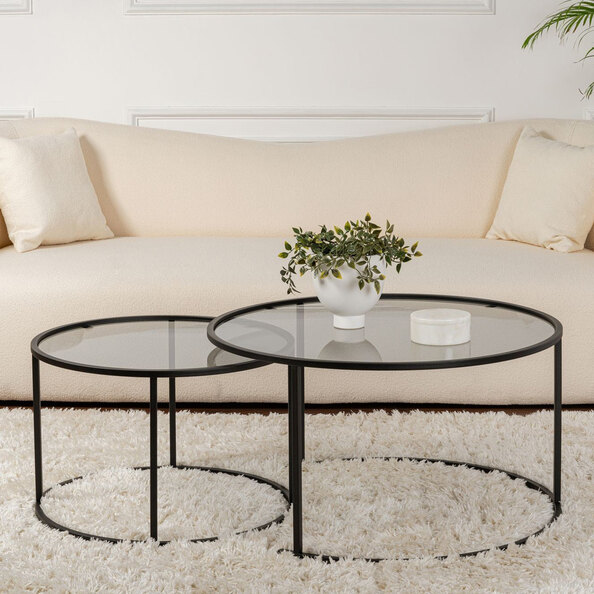 Aureo Large Grey Tempered Glass Nest Of 2 Coffee Tables with Black Metal Frame
