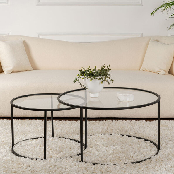 Aureo Large Clear Tempered Glass Nest Of 2 Coffee Tables with Black Metal Frame