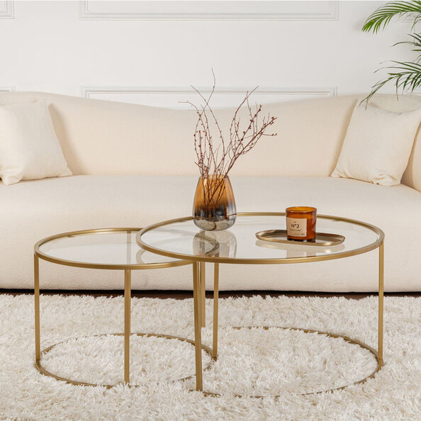 Aureo Large Clear Tempered Glass Nest Of 2 Coffee Tables with Gold Metal Frame