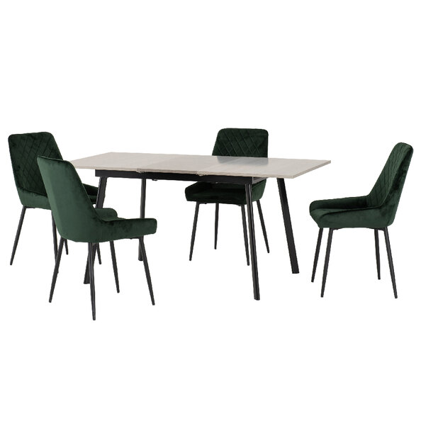 Avah Extending Concrete Dining Table With 4 Green Chairs