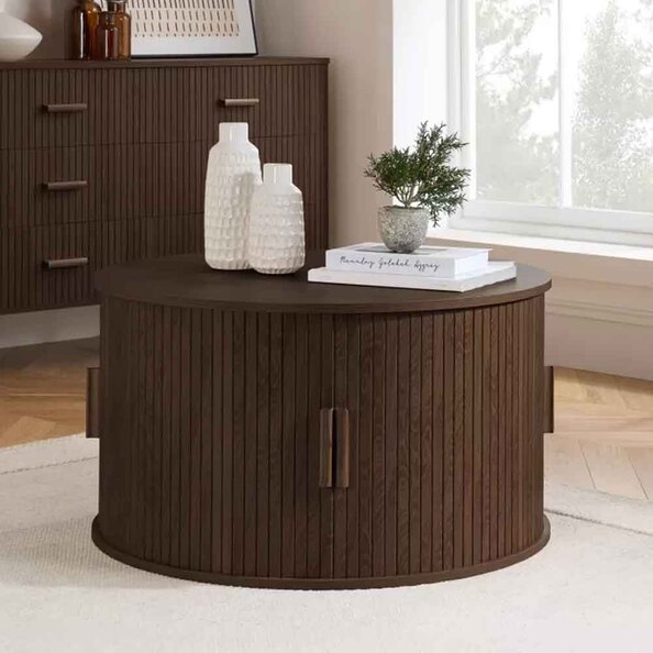 Avenel Round Wooden Fluted Coffee Table with Storage in Walnut