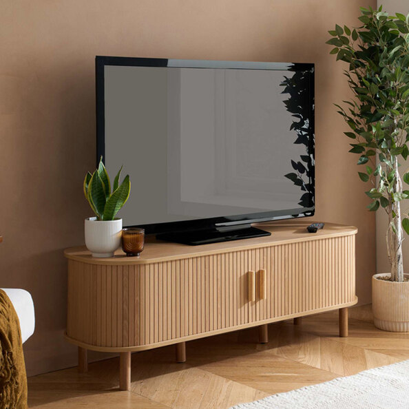 Avenel Small Wooden Fluted TV Stand with 2 Sliding Doors in Oak