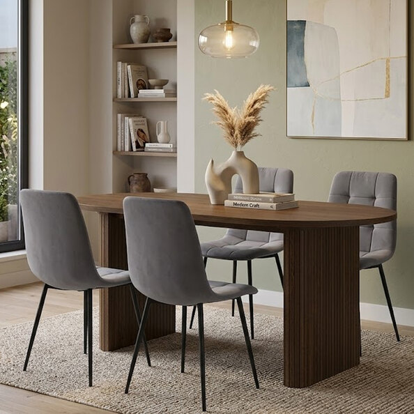 Avenel Walnut Wooden Fluted Dining Table with 4 Grey Chairs