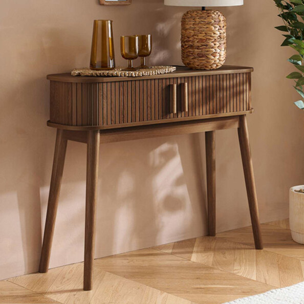 Avenel Wooden Console Table With 2 Sliding Doors In Walnut