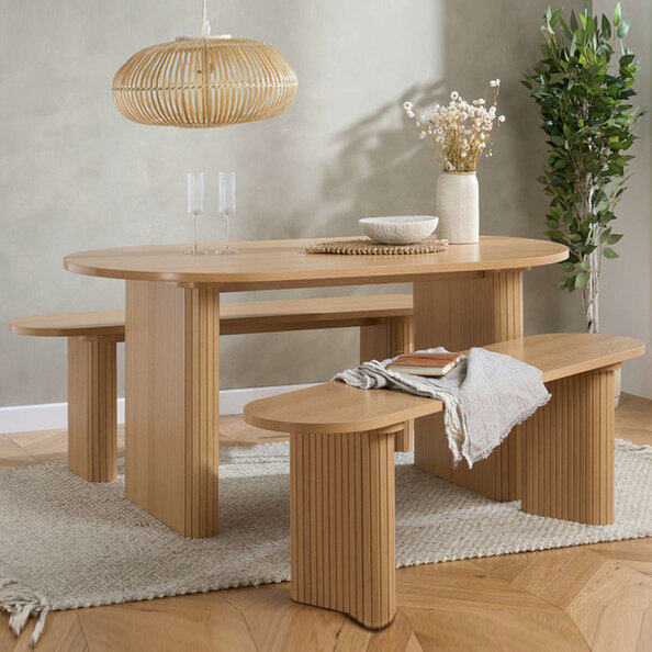 Avenel Wooden Fluted Dining Table with 2 Benches in Oak