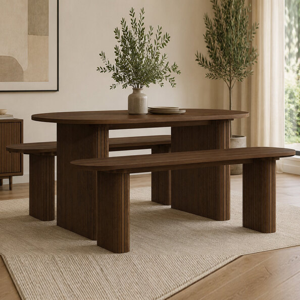 Avenel Wooden Fluted Dining Table with 2 Benches in Walnut