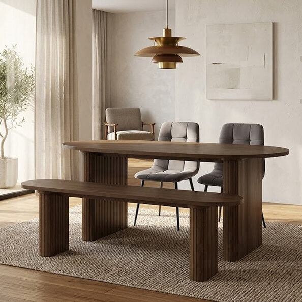 Avenel Wooden Fluted Dining Table with 2 Grey Chairs and 1 Bench in Walnut
