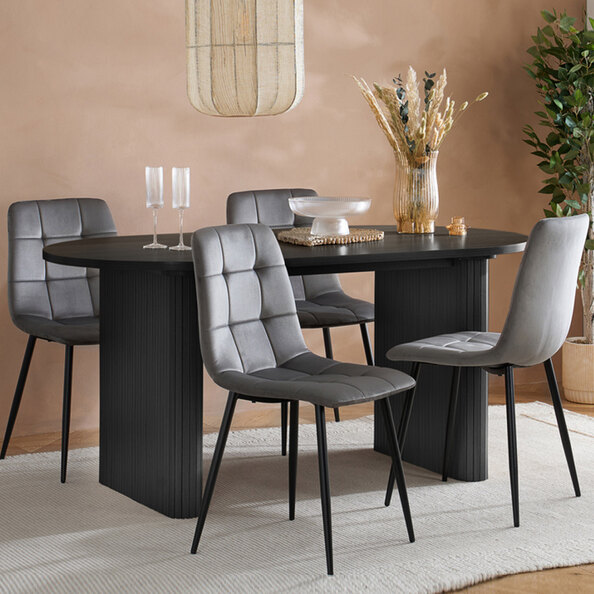 Avenel Wooden Oval Dining Table With 4 Grey Chairs In Black