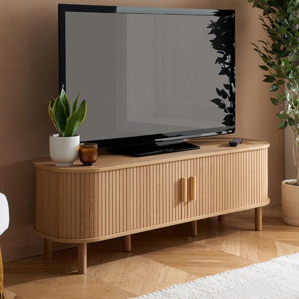 Avenel Wooden TV Stand With 2 Sliding Doors In Oak