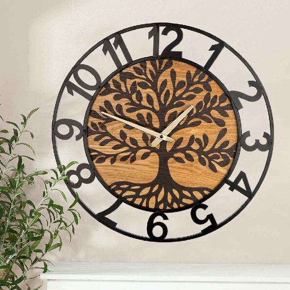 Averon Metal Tree Wall Clock In Black And Natural