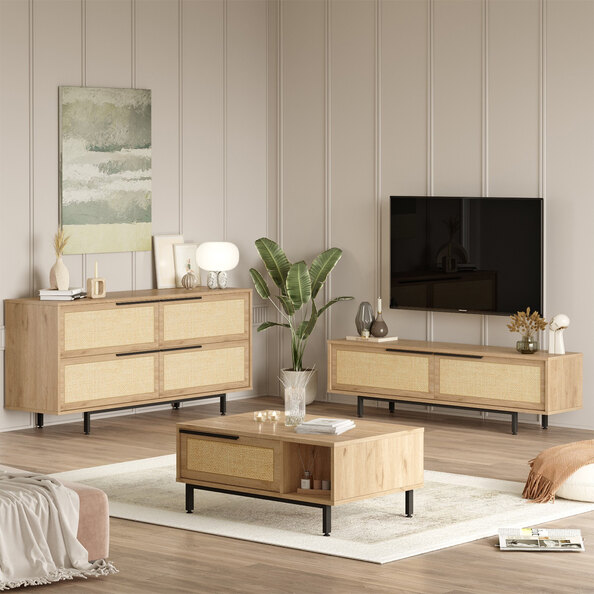 Avoris Wooden Living Room Furniture Set with Rattan Fronts in Oak