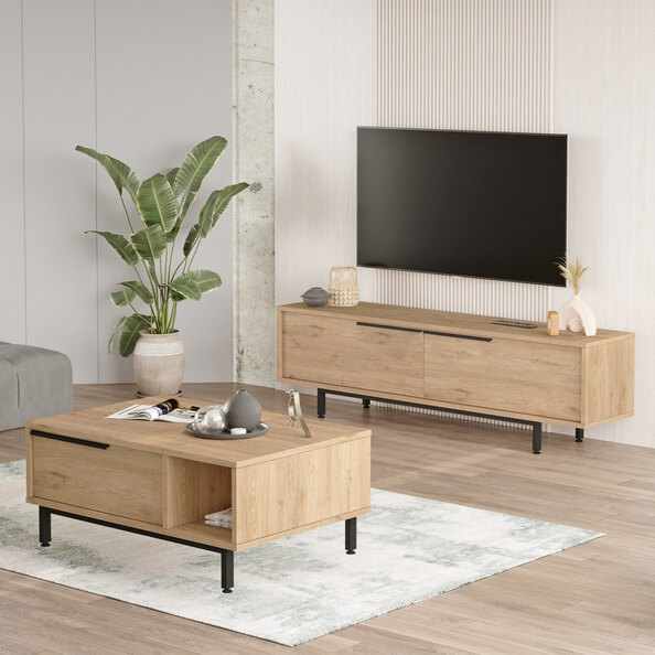 Avoris Wooden TV Stand and Coffee Table Set in Oak