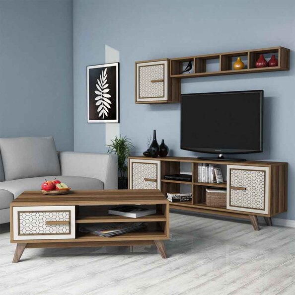 Ayla Wooden Entertainment Unit with Coffee Table Set in Walnut and Cream