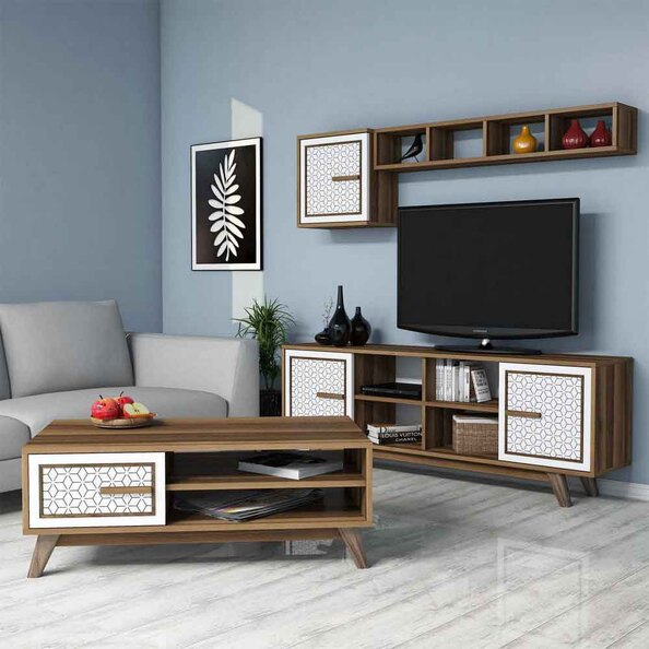 Ayla Wooden Entertainment Unit with Coffee Table Set in Walnut and White