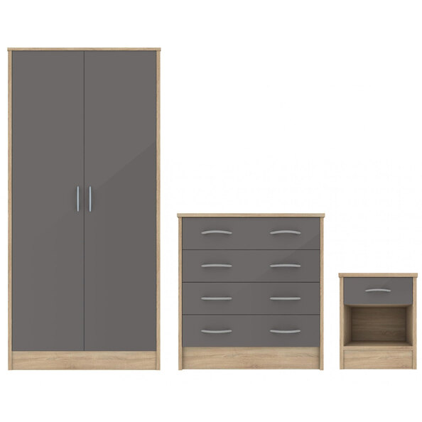Babylon Wooden Bedroom Set 2 Grey Gloss Doors Wardrobe In Oak