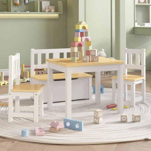 Bagdad Wooden Children Table With 2 Chairs 1 Bench In White Beige
