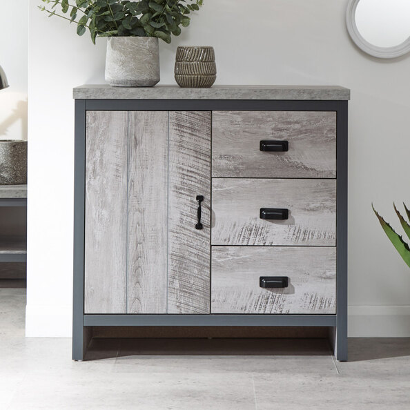Balcombe Wooden Sideboard With 1 Door 3 Drawers In Grey