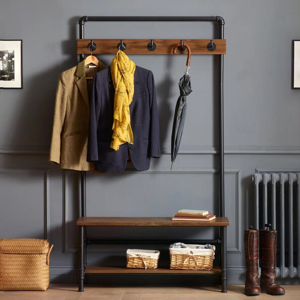 Baltimore Wooden Coat Stand With Bench - Brown And Black