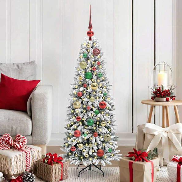 Barco 150cm Flocked Snow Artificial Xmas Tree With LED And Baubles
