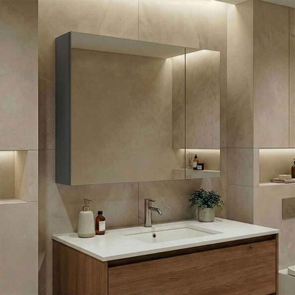 Bari Large Wooden Wall Mounted Bathroom Mirror Cabinet with 2 Doors in Anthracite
