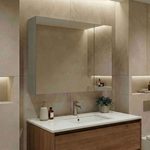 Bari Large Wooden Wall Mounted Bathroom Mirror Cabinet with 2 Doors in Cashmere