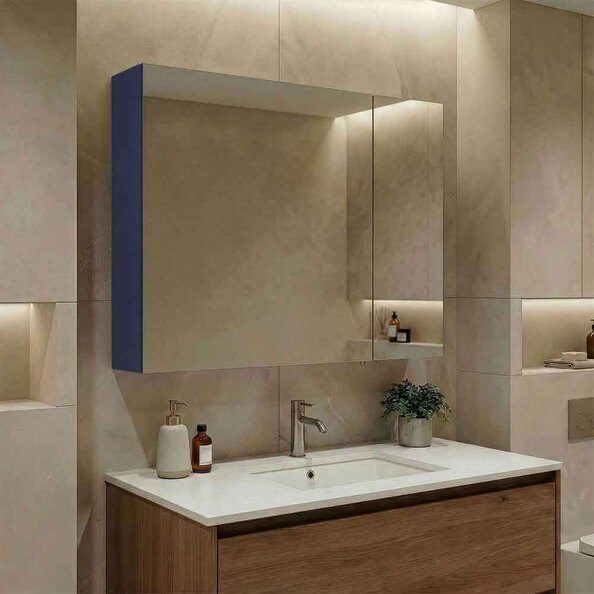 Bari Large Wooden Wall Mounted Bathroom Mirror Cabinet with 2 Doors in Navy Blue