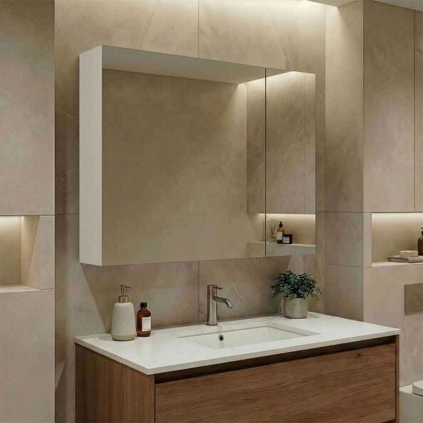 Bari Large Wooden Wall Mounted Bathroom Mirror Cabinet with 2 Doors in White
