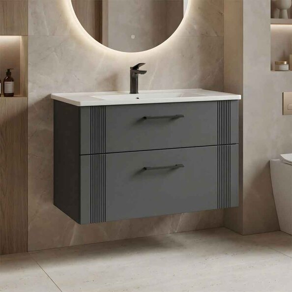 Bari Large Wooden Wall Mounted Vanity Unit with 2 Drawers in Anthracite