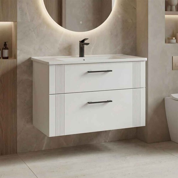 Bari Large Wooden Wall Mounted Vanity Unit with 2 Drawers in White