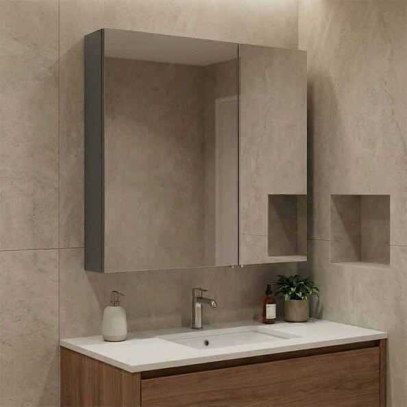 Bari Small Wooden Wall Mounted Mirror Cabinet with 2 Doors in Anthracite