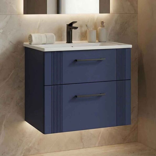Bari Small Wooden Wall Mounted Vanity Unit with 2 Drawers in Navy Blue