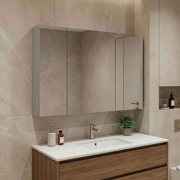 Bari Wooden Wall Mounted Bathroom Mirror Cabinet with 3 Doors in Cashmere