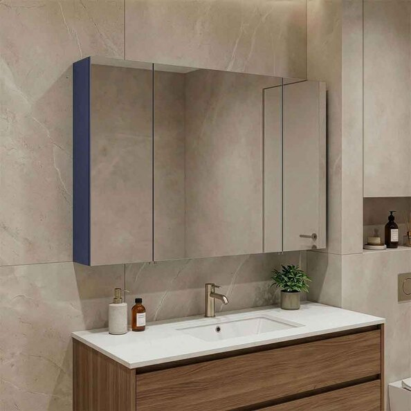 Bari Wooden Wall Mounted Bathroom Mirror Cabinet with 3 Doors in Navy Blue