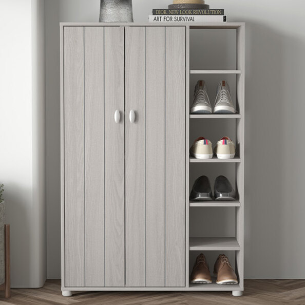 Barrie Tall Wooden Shoe Storage Cabinet In Warm Grey Oak