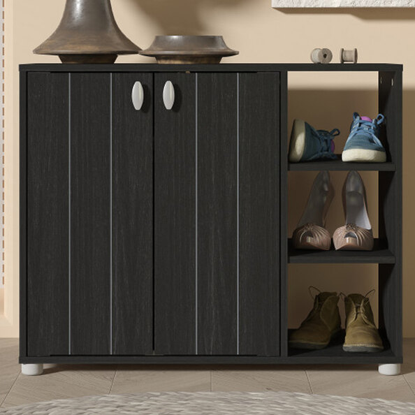 Barrie Wide Wooden Shoe Storage Cabinet In Rustick Black Oak